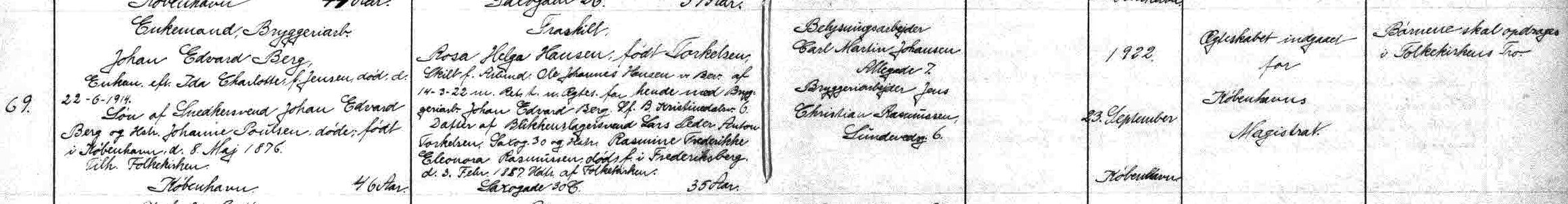 Udsnit af kirkebog, Vielse af  Johan Edvard Berg og Rosa Helga Torkelsen